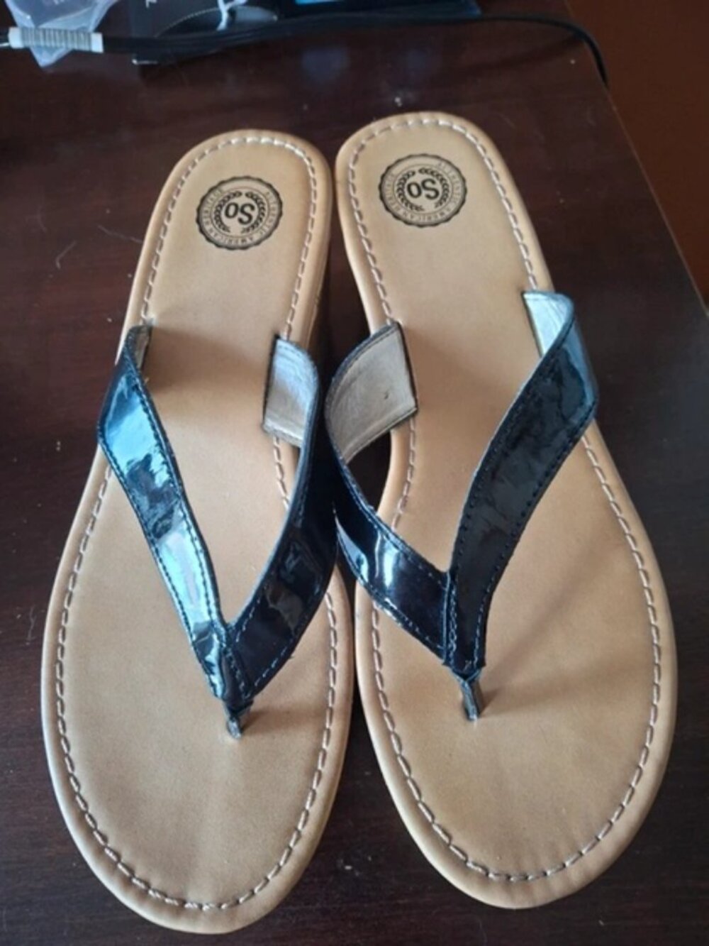 So black patent wedge thong sandals